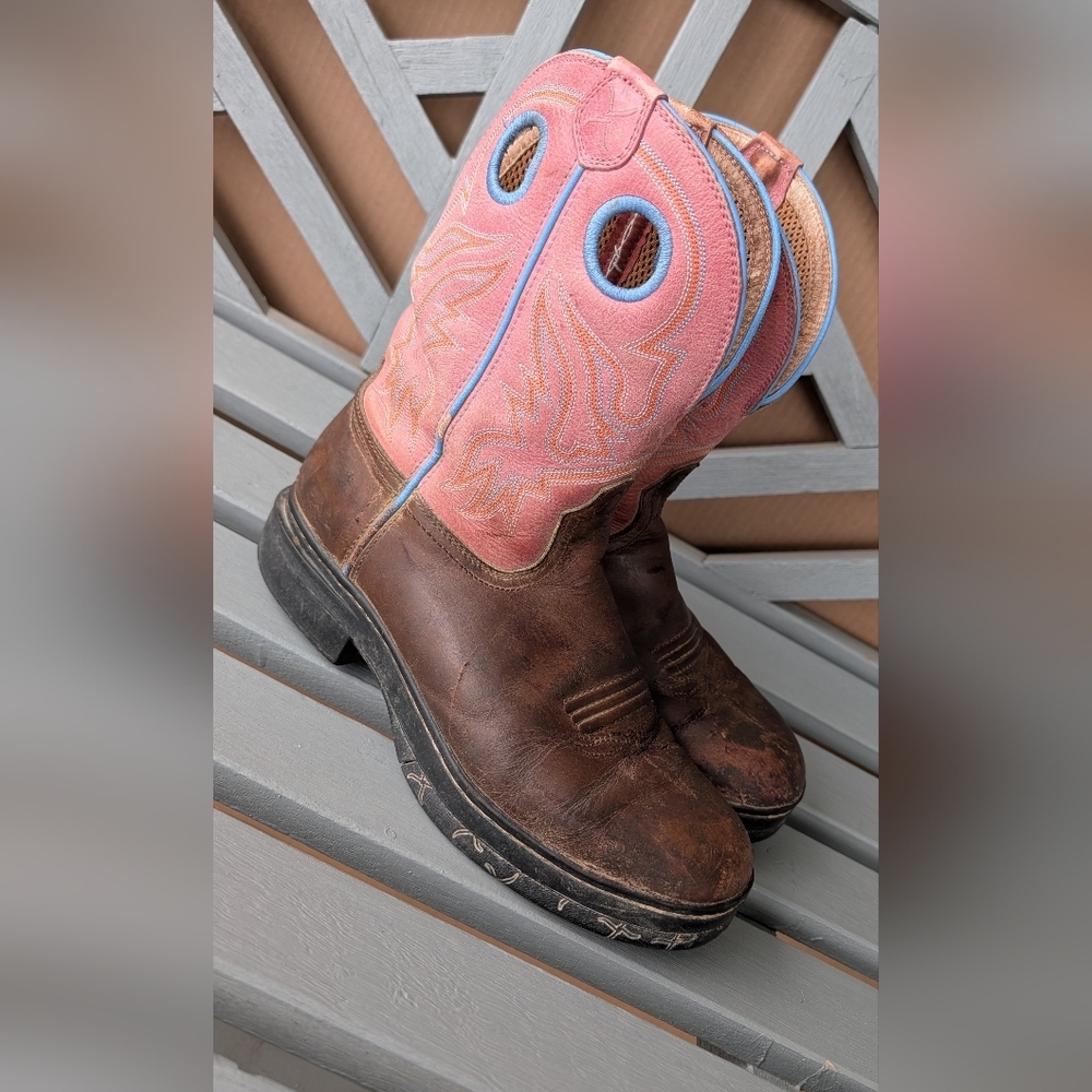 Twisted X Brown Leather Boots with Pink and Blue Shaft Woman's 9